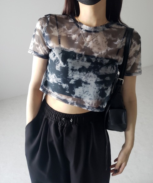me+em select(ミームセレクト)の「【 選べる3color/2size 】ニュアンスタイダイシースルーショート丈トップス(Tシャツ/カットソー・レディース・グレー/ブラック/ブルー・SMALL/MEDIUM)」の9枚目の写真