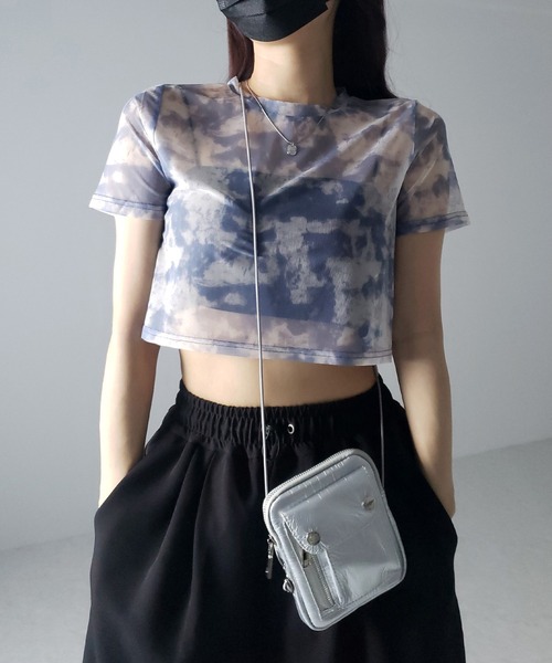 me+em select(ミームセレクト)の「【 選べる3color/2size 】ニュアンスタイダイシースルーショート丈トップス(Tシャツ/カットソー・レディース・グレー/ブラック/ブルー・SMALL/MEDIUM)」の15枚目の写真