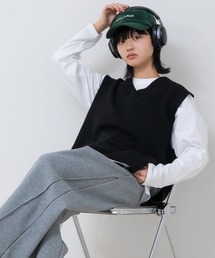 ベスト ジレ フロント釦リブニットビスチェ / レイヤード ベアトップ カットソー 韓国 シティガール カジュアル ネイビー ブラウン レディース HEILIS（ヘイリス）の「フロント釦リブニットビスチェ