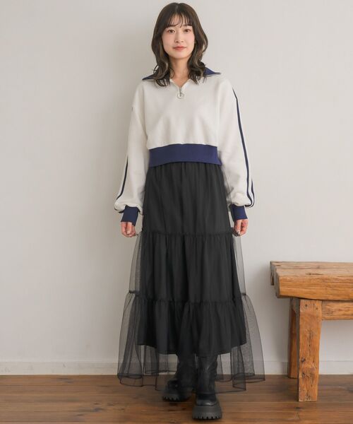 RETRO GIRL（レトロガール）の「配色ハーフジップトレーナー（スウェット・レディース・ダークブルー/オフホワイト/チャコールグレー・FREE）」の4枚目の写真