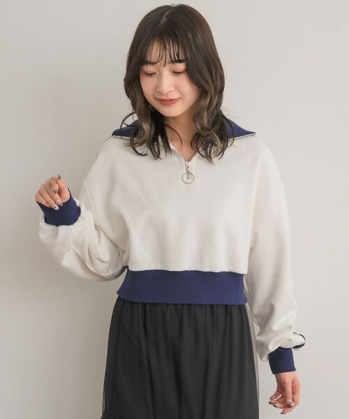 RETRO GIRL（レトロガール）の「配色ハーフジップトレーナー（スウェット・レディース・ダークブルー/オフホワイト/チャコールグレー・FREE）」の18枚目の写真