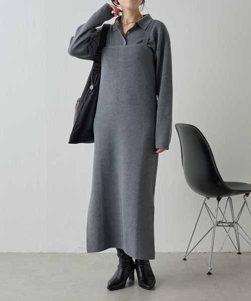 COLLAGE GALLARDAGALANTE(コラージュガリャルダガランテ)の「【OT】襟付きカーデセットニットキャミワンピース(ワンピース・レディース・グレー/パープル・FREE)」の2枚目の写真