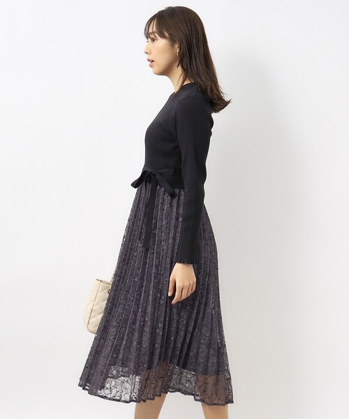 index(インデックス)の「◆≪S-LLsize≫ リブニット×レースプリーツワンピース【抗ピル/洗濯機洗い可】(ワンピース・レディース・ベージュ系その他7/ブラック系4/ホワイト系7・40/38/36/42)」の5枚目の写真