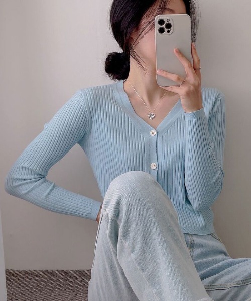 セール】春ソフトクロップドVネックリブカーディガン 全6色