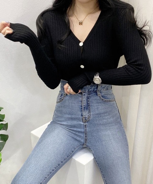 セール】春ソフトクロップドVネックリブカーディガン 全6色