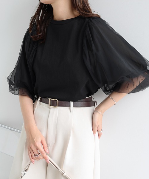 andme(アンドミー)の「チュールドッキングボリューム袖トップス(Tシャツ/カットソー・レディース・ブラック/ブラウン系その他/オフホワイト・M/L)」の15枚目の写真