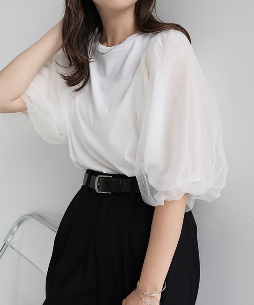 andme(アンドミー)の「チュールドッキングボリューム袖トップス(Tシャツ/カットソー・レディース・ブラック/ブラウン系その他/オフホワイト・M/L)」の7枚目の写真