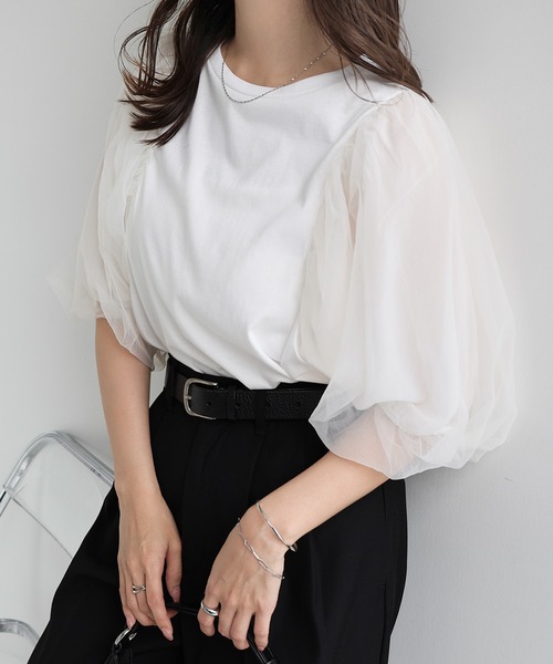 andme(アンドミー)の「チュールドッキングボリューム袖トップス(Tシャツ/カットソー・レディース・ブラック/ブラウン系その他/オフホワイト・M/L)」の9枚目の写真