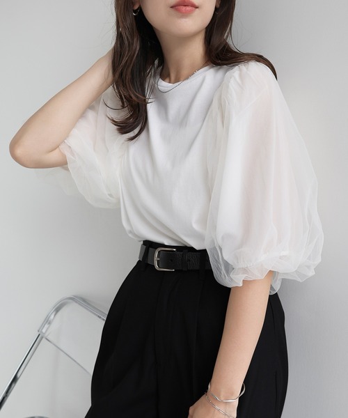 andme(アンドミー)の「チュールドッキングボリューム袖トップス(Tシャツ/カットソー・レディース・ブラック/ブラウン系その他/オフホワイト・M/L)」の12枚目の写真