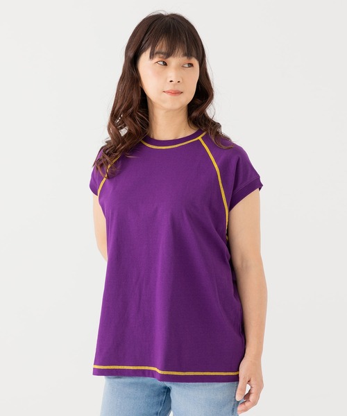 JAM & LINK(ジャムアンドリンク)の「配色ステッチ ワイドフレンチスリーブTシャツ(Tシャツ/カットソー・レディース・ホワイト/ブラック/オートミール/ピンク/ターコイズブルー/パープル/ネイビー・L/M/S)」の6枚目の写真