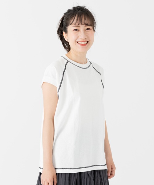JAM & LINK(ジャムアンドリンク)の「配色ステッチ ワイドフレンチスリーブTシャツ(Tシャツ/カットソー・レディース・ホワイト/ブラック/オートミール/ピンク/ターコイズブルー/パープル/ネイビー・L/M/S)」の2枚目の写真