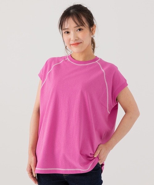 JAM & LINK(ジャムアンドリンク)の「配色ステッチ ワイドフレンチスリーブTシャツ(Tシャツ/カットソー・レディース・ホワイト/ブラック/オートミール/ピンク/ターコイズブルー/パープル/ネイビー・L/M/S)」の7枚目の写真
