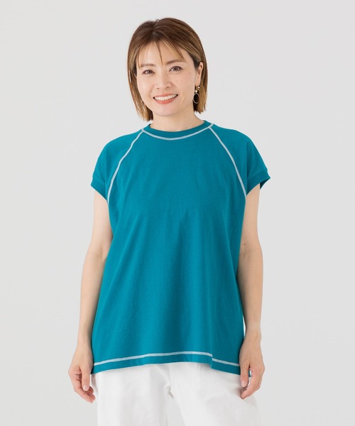 JAM & LINK(ジャムアンドリンク)の「配色ステッチ ワイドフレンチスリーブTシャツ(Tシャツ/カットソー・レディース・ホワイト/ブラック/オートミール/ピンク/ターコイズブルー/パープル/ネイビー・L/M/S)」の5枚目の写真