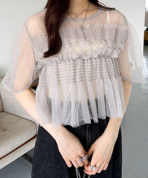 Heather(ヘザー)の「チュールシャーリングショートスリーブプルオーバー 125519(Tシャツ/カットソー・レディース・ブラック/グレー/オフホワイト・FREE)」の3枚目の写真