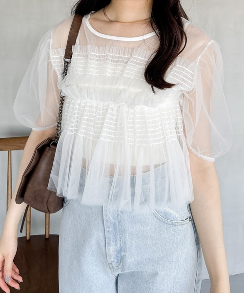 Heather(ヘザー)の「チュールシャーリングショートスリーブプルオーバー 125519(Tシャツ/カットソー・レディース・ブラック/グレー/オフホワイト・FREE)」の1枚目の写真