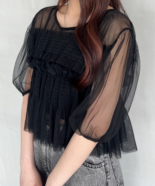 Heather(ヘザー)の「チュールシャーリングショートスリーブプルオーバー 125519(Tシャツ/カットソー・レディース・ブラック/グレー/オフホワイト・FREE)」の2枚目の写真