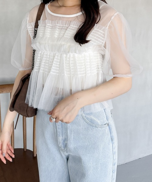 Heather(ヘザー)の「チュールシャーリングショートスリーブプルオーバー 125519(Tシャツ/カットソー・レディース・ブラック/グレー/オフホワイト・FREE)」の13枚目の写真