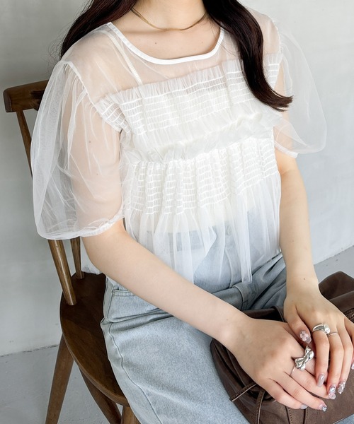 Heather(ヘザー)の「チュールシャーリングショートスリーブプルオーバー 125519(Tシャツ/カットソー・レディース・ブラック/グレー/オフホワイト・FREE)」の14枚目の写真