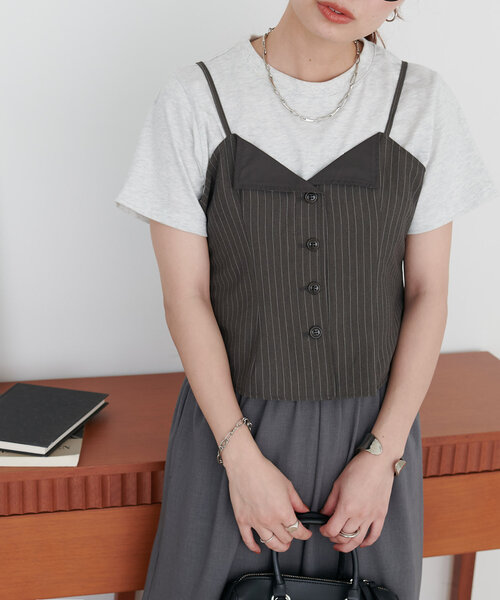 グレーとブラウンのストライプキャミソール パッド付き] 斜めストライプキャミソール | ファッション通販サイト NUGU