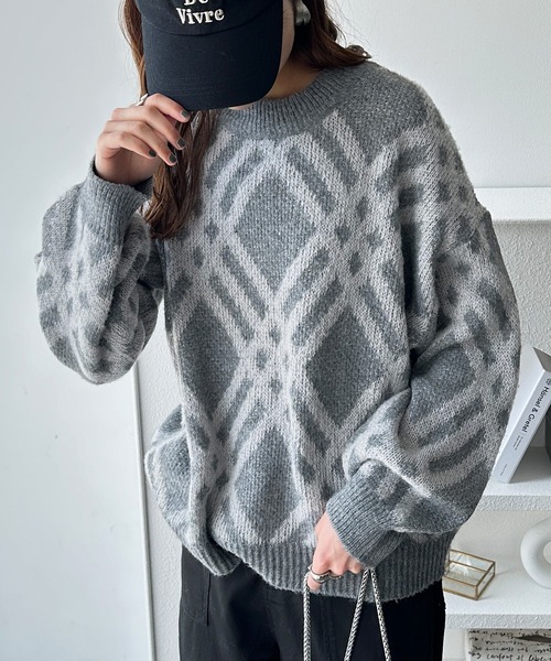 GeeRA（ジーラ）の「モヘヤライクチェックジャガードニット（ニット/セーター・レディース・グレー/ブルー/ベージュ・MEDIUM/LARGE/X-LARGE）」の16枚目の写真