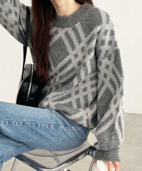 GeeRA（ジーラ）の「モヘヤライクチェックジャガードニット（ニット/セーター・レディース・グレー/ブルー/ベージュ・MEDIUM/LARGE/X-LARGE）」の5枚目の写真