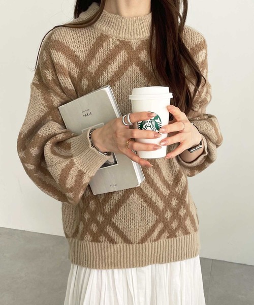 GeeRA（ジーラ）の「モヘヤライクチェックジャガードニット（ニット/セーター・レディース・グレー/ブルー/ベージュ・MEDIUM/LARGE/X-LARGE）」の7枚目の写真