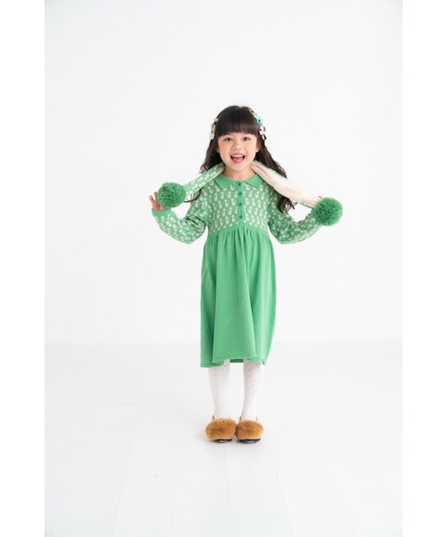 nino（ニノ）の「【綿100％】ＫＮＩＴＣａｔジャガードマフラー（マフラー・キッズ・エメラルド/ブラック・M）」の5枚目の写真