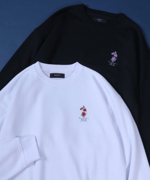 ANPAS（アンパス）の「ANPAS Fleece Lining Flower Embroidery Oversized SweatShirt/ANPAS 別注 裏起毛 花柄 フラワー ワンポイント刺繍 オーバーサイズ スウェット トップス トレーナー メンズ（スウェット・メンズ・ブラック系その他/ホワイト系その他2/ブラック系その他3/グレー系その他/ブラック系その他2/グレー系その他2/グレー系その他3/ホワイト系その他/ホワイト系その他3・M/L/LL）」の2枚目の写真