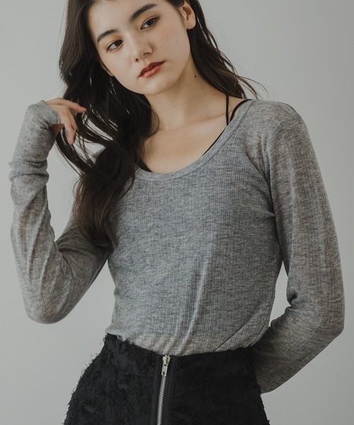 tシャツ テレコクルーネックトップス レディース andme tシャツ テレコシアークルーネック長袖トップス