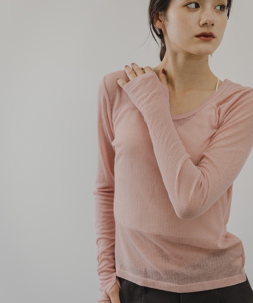 rectangle（レクタングル）の「シアーテレコクルーネックトップス（Tシャツ/カットソー・レディース・ブラック/アイボリー/ピンク/杢グレー・FREE）」の4枚目の写真