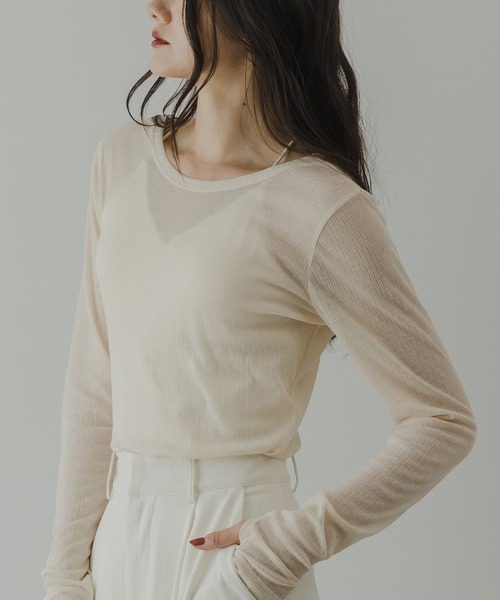 rectangle（レクタングル）の「シアーテレコクルーネックトップス（Tシャツ/カットソー・レディース・ブラック/アイボリー/ピンク/杢グレー・FREE）」の2枚目の写真