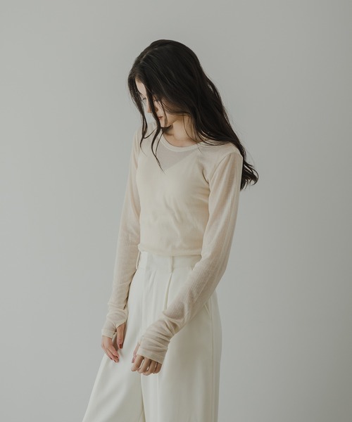 rectangle（レクタングル）の「シアーテレコクルーネックトップス（Tシャツ/カットソー・レディース・ブラック/アイボリー/ピンク/杢グレー・FREE）」の6枚目の写真