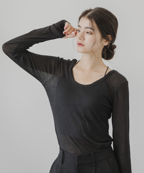 rectangle（レクタングル）の「シアーテレコクルーネックトップス（Tシャツ/カットソー・レディース・ブラック/アイボリー/ピンク/杢グレー・FREE）」の16枚目の写真