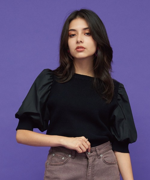 JETSET SOLO PLUS （ジェットセットソロプラス）の「異素材ボリュームスリーブリブニット（ニット/セーター・レディース・イエロー/オフホワイト/ブラック/ブルー・FREE）」の3枚目の写真