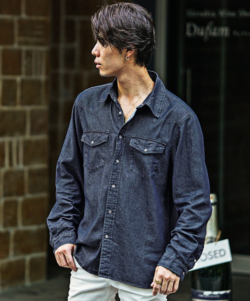 SHAREEF ロゴ ブラック デニム ロング ウエスタン シャツ 2 メンズ SHAREEF ロゴ ブラック デニム ロング ウエスタン シャツ 2 メンズ