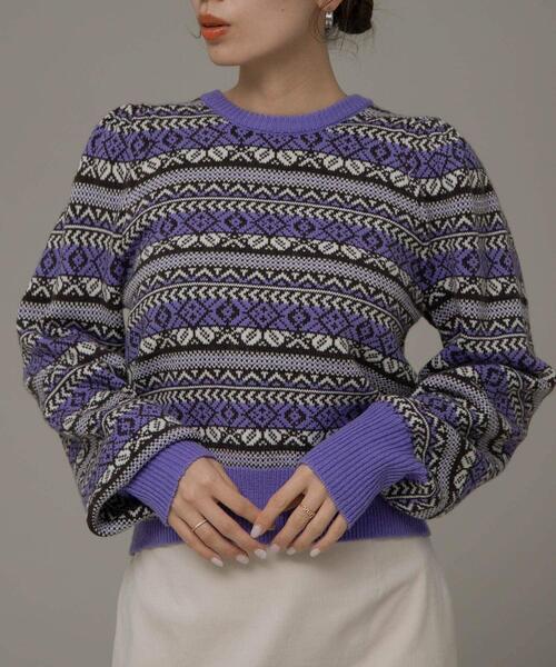 セール】フェアアイル柄パフスリニットプルオーバー(ニット/セーター セール】フェアアイル柄パフスリニットプルオーバー(ニット/セーター