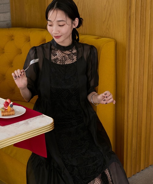 forksy.（フォルクシー）の「【forksy.】【オケージョン対応】フラワーメッシュ切替 ティアードワンピース（ドレス・レディース・ブラック/ピンクベージュ/ミント・FREE）」の4枚目の写真