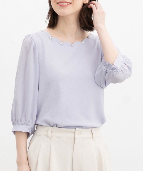 Honeys(ハニーズ)の「6分袖スカラップトップス(Tシャツ/カットソー・レディース・ホワイト/イエロー/ネイビー/ラベンダー・L/LL/M/S)」の3枚目の写真