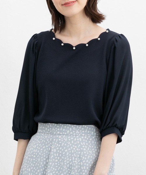 Honeys(ハニーズ)の「6分袖スカラップトップス(Tシャツ/カットソー・レディース・ホワイト/イエロー/ネイビー/ラベンダー・L/LL/M/S)」の1枚目の写真