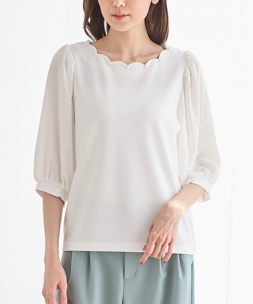 Honeys(ハニーズ)の「6分袖スカラップトップス(Tシャツ/カットソー・レディース・ホワイト/イエロー/ネイビー/ラベンダー・L/LL/M/S)」の9枚目の写真