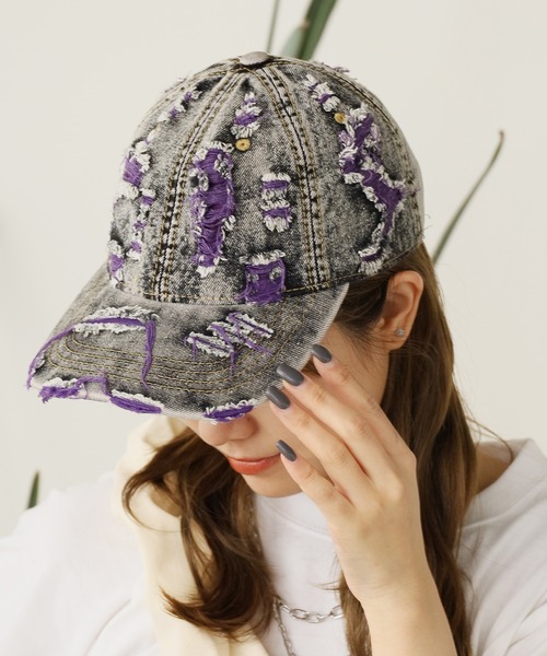 ROOPTOKYO（ループトウキョウ）の「Two-color damaged denim cap / 2カラーダメージデニムキャップ（キャップ・メンズ・イエロー/パープル/ピンク・FREE）」の2枚目の写真