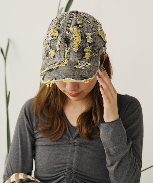 ROOPTOKYO（ループトウキョウ）の「Two-color damaged denim cap / 2カラーダメージデニムキャップ（キャップ・メンズ・イエロー/パープル/ピンク・FREE）」の3枚目の写真