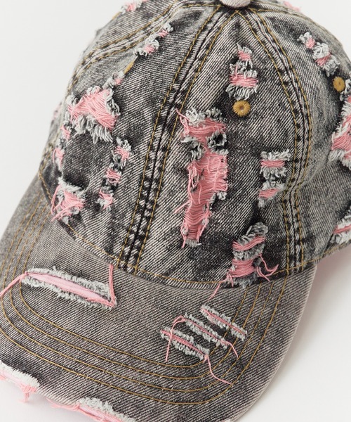 ROOPTOKYO（ループトウキョウ）の「Two-color damaged denim cap / 2カラーダメージデニムキャップ（キャップ・メンズ・イエロー/パープル/ピンク・FREE）」の4枚目の写真