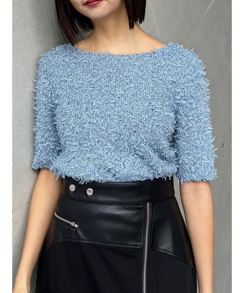 MURUA（ムルーア）の「テープヤーンハーフスリーブニット（ニット/セーター・レディース・ブラック/アイボリー/ブルー・FREE）」の3枚目の写真