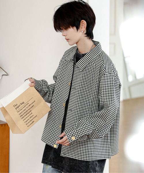 neos(ネオス)の「【neos】ルーズシルエット チェック&千鳥 総柄 ショート 短丈 シャツ ジャケット(シャツ/ブラウス・メンズ・ブラック系/ベージュ系/ホワイト系/グレー系・MEDIUM/LARGE)」の2枚目の写真