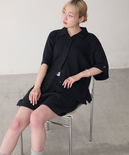 長袖シャツ＆ショートパンツ セットアップ ワッフル地 お洒落 AMERIA ANDERSON】waffle fabric set-up / ワッフル地 ワン