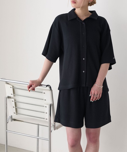 AMERIA ANDERSON(アメリアアンダーソン)の「【AMERIA ANDERSON】waffle fabric set-up / ワッフル地 ワンポイントロゴ刺繍 ハーフスリーブ&ショートパンツ セットアップ(ルームウェア/パジャマ・レディース・ライトグリーン/ダークネイビー/ライトブラウン・L/M)」の9枚目の写真