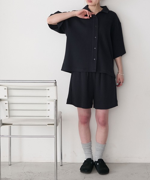 韓国 ワンポイントワッフルトップス+ショートパンツセットアップ AMERIA ANDERSON】waffle fabric set-up / ワッフル地 ワン