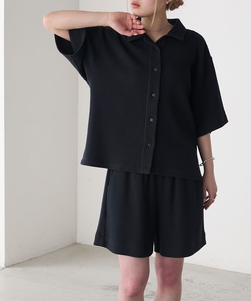 長袖シャツ＆ショートパンツ セットアップ ワッフル地 お洒落 AMERIA ANDERSON】waffle fabric set-up / ワッフル地 ワン