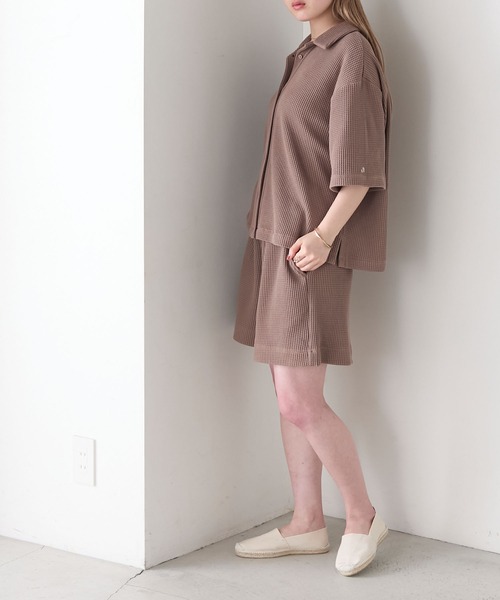 韓国 ワンポイントワッフルトップス+ショートパンツセットアップ AMERIA ANDERSON】waffle fabric set-up / ワッフル地 ワン